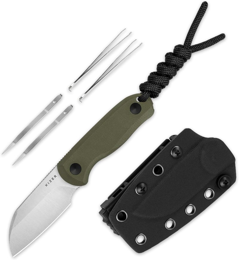 KIZER Drop Bear Fixed Blade Knife, 2.6" AEB-L Satin Blade EDC Camping Knife with Olive Green G10 Handle & Hidden Tools, Outdoor Full Tang Hunting Survival Knives with Adjustable Kydex Sheath 1093A1 - Image 1